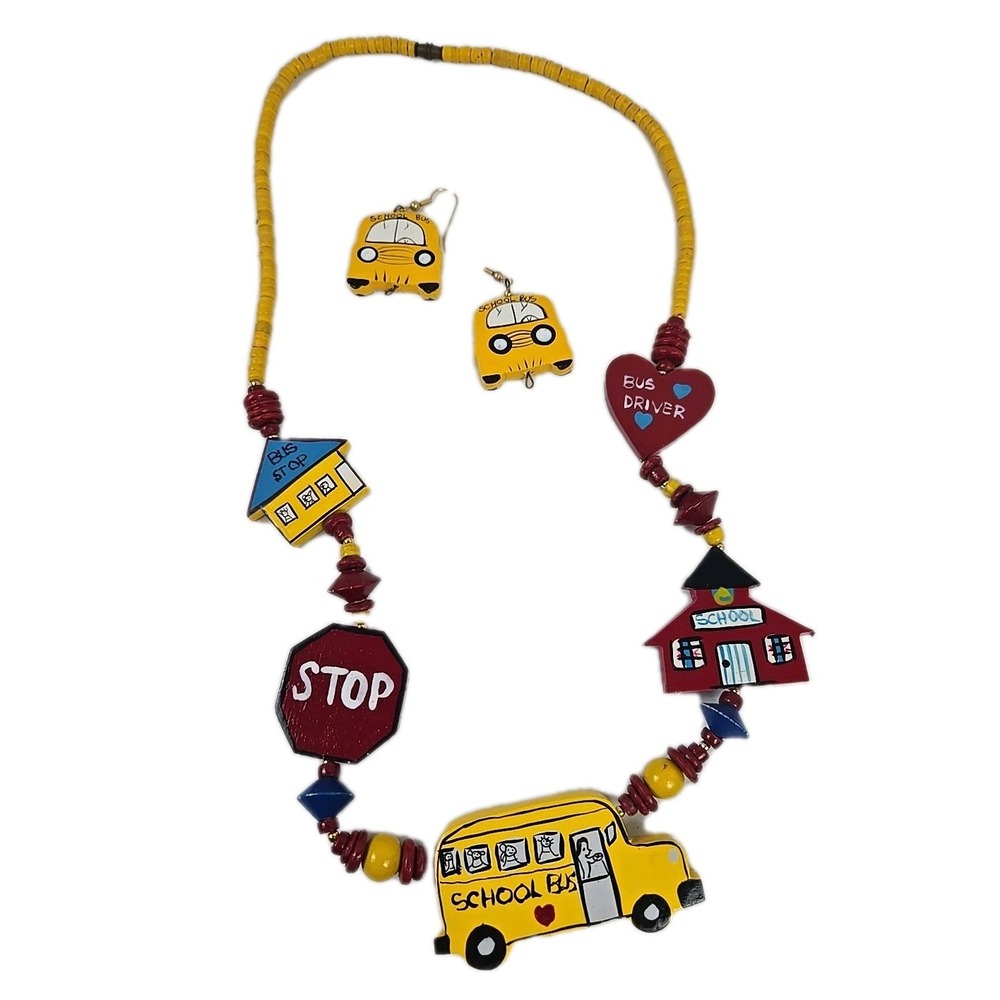 Vtg 90s Wooden Novelty School Bus Necklace & Earrings Bus Driver Gift Set EUC